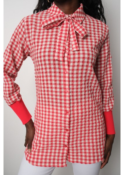 Kadın Kırmızı Fitilli Triko Süveter ve Kareli Gömlek Ikili Kombin fırsatları