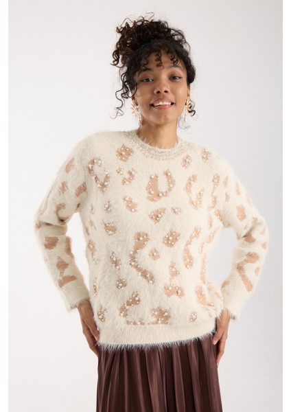 Kadın Ekru Sakal Iplik Taş ve Inci Detaylı Bisiklet Yaka Triko Kazak fiyatları
