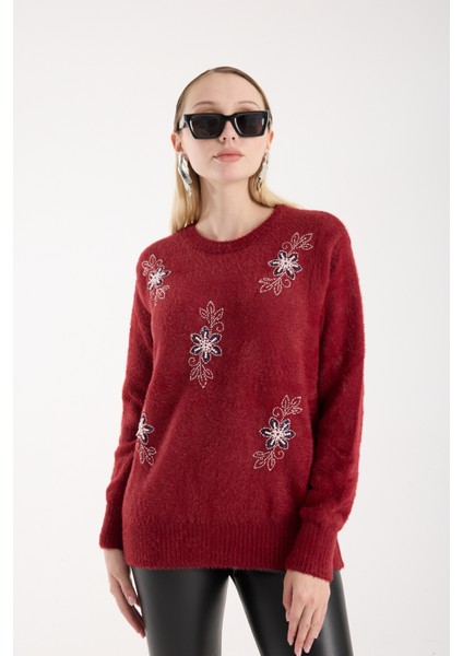 Kadın Bordo Sakal Iplik Boncuk Nakışlı Bisiklet Yaka Triko Kazak fiyatları