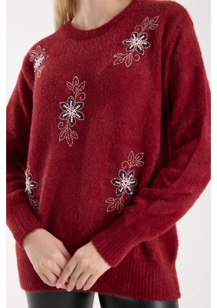 Kadın Bordo Sakal Iplik Boncuk Nakışlı Bisiklet Yaka Triko Kazak modelleri