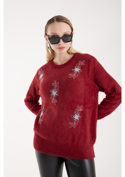 Kadın Bordo Sakal Iplik Boncuk Nakışlı Bisiklet Yaka Triko Kazak indirimleri