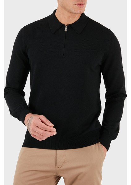 % 100 Yün Regular Fit Yarım Fermuarlı Polo Yaka Kazak Erkek Polo Yaka Kazak 55125 14290 099