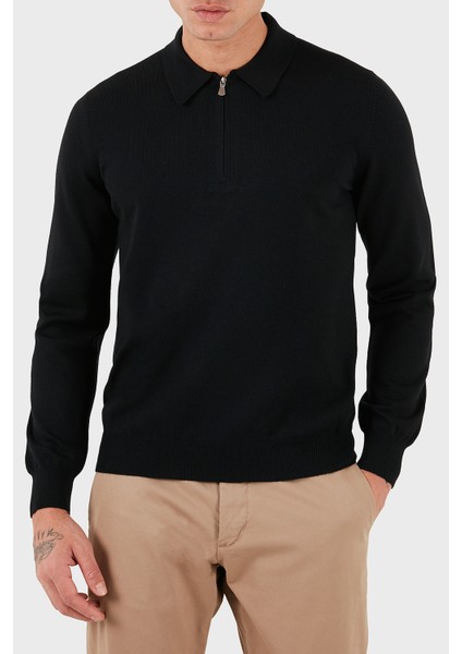 % 100 Yün Regular Fit Yarım Fermuarlı Polo Yaka Kazak Erkek Polo Yaka Kazak 55125 14290 099 fırsatları