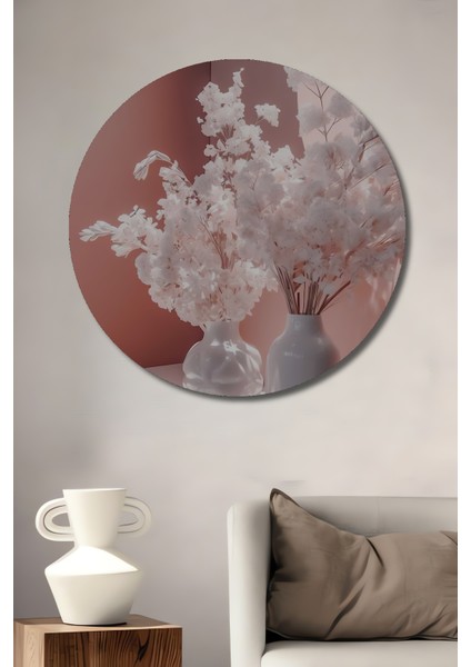 Sakura Çiçekleri Sulu Boya Görünümlü Ahşap Dekoratif Tablo Yuvarlak Tablo