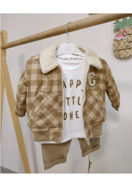 3643 Erkek Bebek Ekoseli Kadife Mont 3'lü Takım