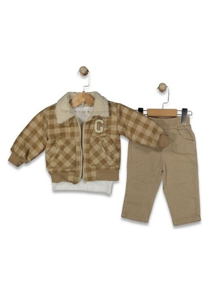 3643 Erkek Bebek Ekoseli Kadife Mont 3'lü Takım fiyatları