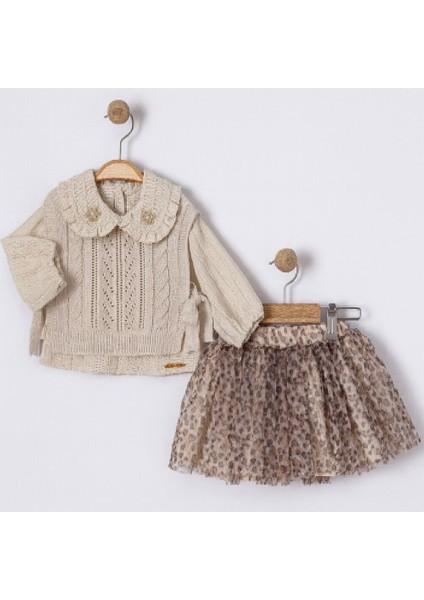 2608 Miss Olix Kız Bebe Fırfır Yakalı Tunik Bağlama Triko 3'lü Takım