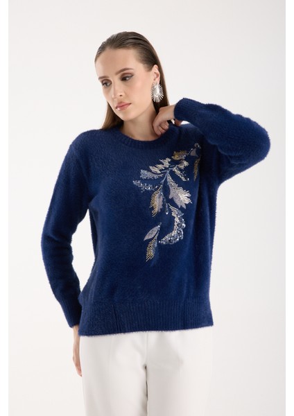 Kadın Koyu Laci Sakal Iplik Yaprak Desenli Boncuk Nakışlı Bisiklet Yaka Triko Kazak