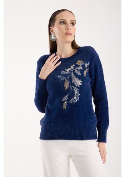 Kadın Koyu Laci Sakal Iplik Yaprak Desenli Boncuk Nakışlı Bisiklet Yaka Triko Kazak fiyatları