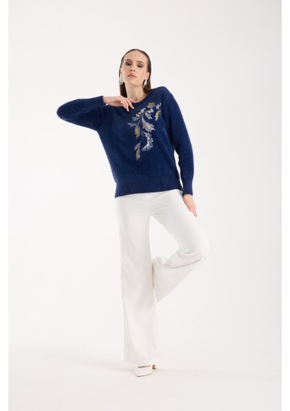 Kadın Koyu Laci Sakal Iplik Yaprak Desenli Boncuk Nakışlı Bisiklet Yaka Triko Kazak