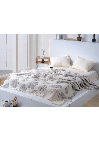 Müslin Yorgan %100 Pamuk 9 Kat Yaprak Desenli Müslin Yatak Örtüsü 220X240