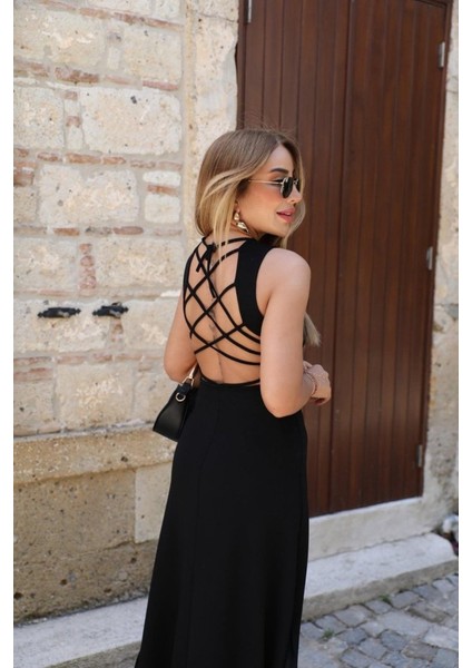 Kadın Kolsuz Sırttan Çapraz Ip Detaylı Uzun Viskon Elbise fiyatları