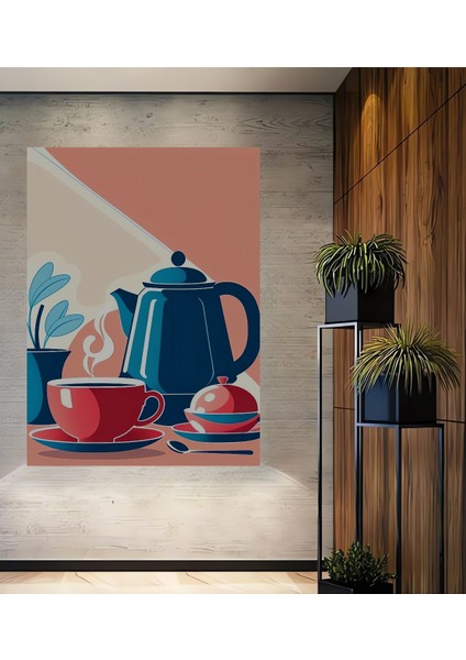 Kırmızı Fincan ve Mavi Semaver Modern Sanat Ahşap Dekoratif Tablo Dikdörtgen Tablo