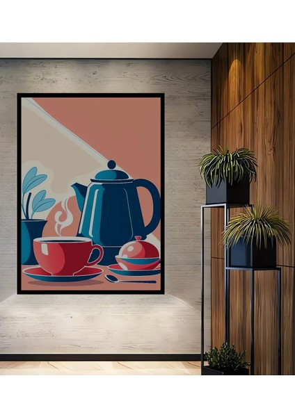 Kırmızı Fincan ve Mavi Semaver Modern Sanat Ahşap Dekoratif Tablo Dikdörtgen Tablo fiyatları