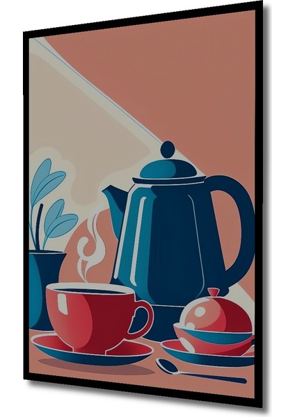 Kırmızı Fincan ve Mavi Semaver Modern Sanat Ahşap Dekoratif Tablo Dikdörtgen Tablo indirimleri