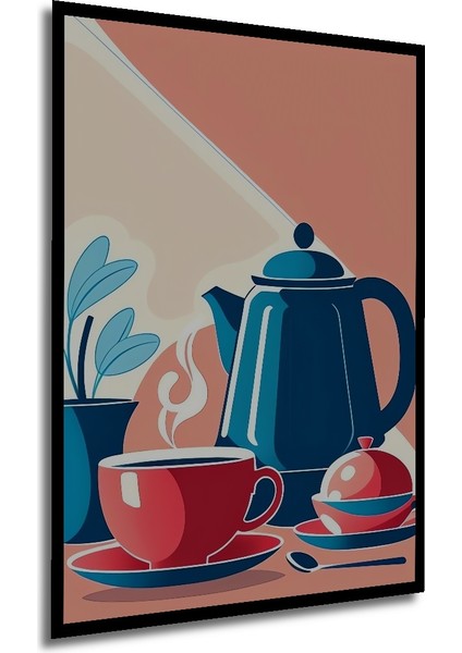 Kırmızı Fincan ve Mavi Semaver Modern Sanat Ahşap Dekoratif Tablo Dikdörtgen Tablo