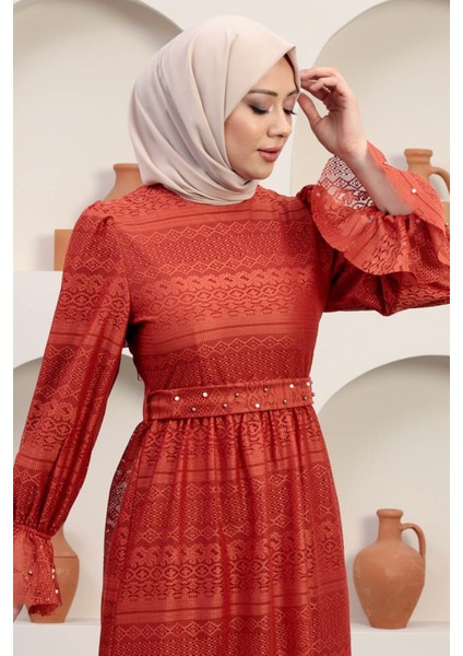 Inci Detaylı Dantel Abiye Kiremit 12239 fiyatları