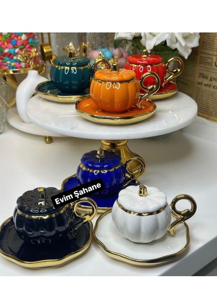 6’lı Kabaklı Kapaklı Renkli Kahve Fincan Takımı