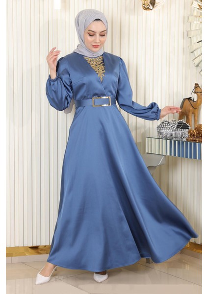 Taş Detaylı Saten Abiye Mavi MSW19901