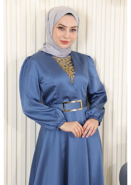 Taş Detaylı Saten Abiye Mavi MSW19901 fiyatları