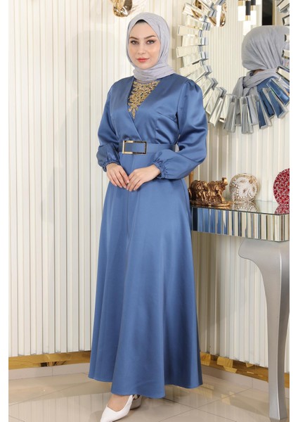 Taş Detaylı Saten Abiye Mavi MSW19901 modelleri