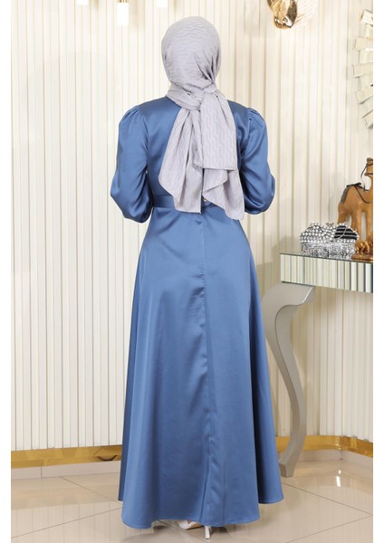 Taş Detaylı Saten Abiye Mavi MSW19901 fırsatları