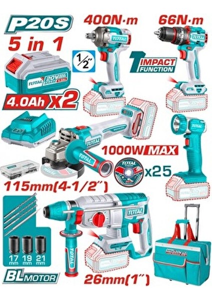 5 Li Avantajlı Akülü Set Somun Sökme Kırıcı Delici Darbeli Vidalama Taşlama Fener