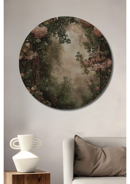 Romantik Gül Bahçesi Yağlı Boya Görünümlü Ahşap Dekoratif Tablo Yuvarlak Tablo