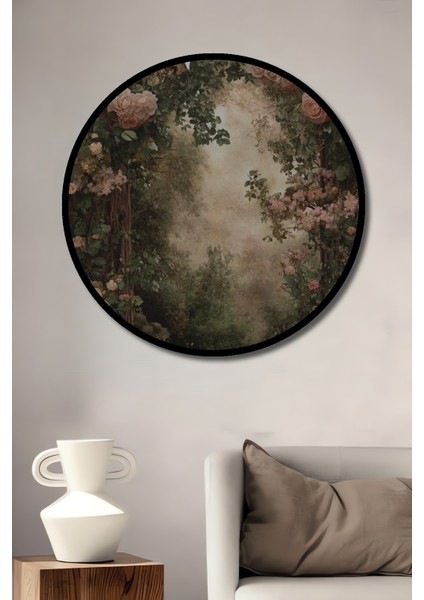 Romantik Gül Bahçesi Yağlı Boya Görünümlü Ahşap Dekoratif Tablo Yuvarlak Tablo fiyatları