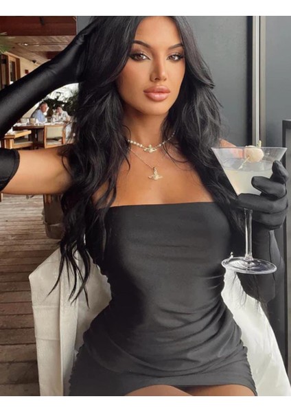 Still In Love Mini Siyah Elbise Eldiven Seti , Straplez Mini Siyah Elbise , indirimleri