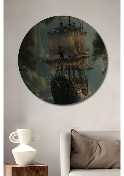 Gızemlı Orman Nehrinde Antik Yelkenli Gemisi Yağlı Boya Görünümlü Tablo Yuvarlak Tablo
