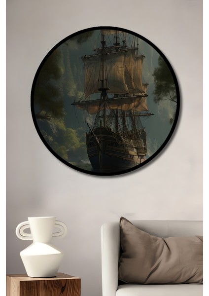Gızemlı Orman Nehrinde Antik Yelkenli Gemisi Yağlı Boya Görünümlü Tablo Yuvarlak Tablo fiyatları