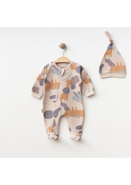 Soyut Desenli Erkek Bebek Önden Fermuarlı Şapkalı Tulum