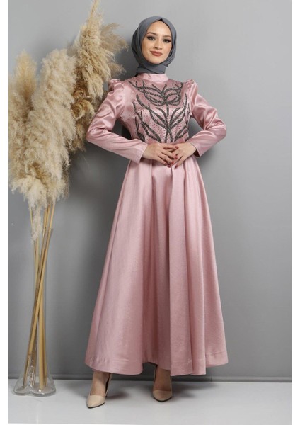 Taşlı Yakma Desenli Abiye Gül Kurusu 11404