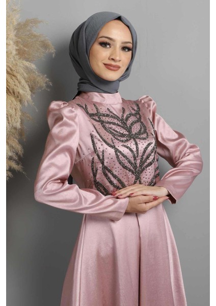 Taşlı Yakma Desenli Abiye Gül Kurusu 11404 fiyatları