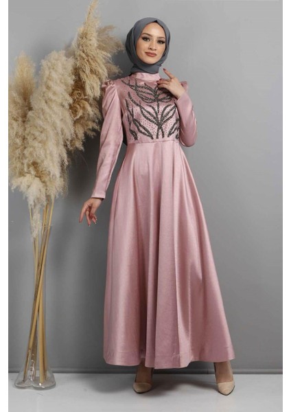 Taşlı Yakma Desenli Abiye Gül Kurusu 11404 modelleri