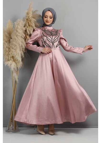 Taşlı Yakma Desenli Abiye Gül Kurusu 11404 fırsatları