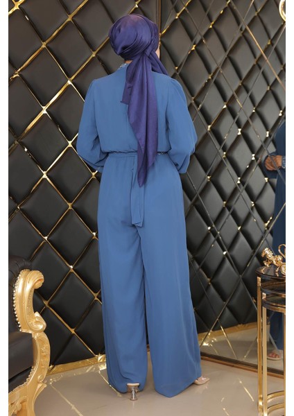 Taş Detaylı Şifon Tulum Abiye Mavi MSW19153 indirimleri