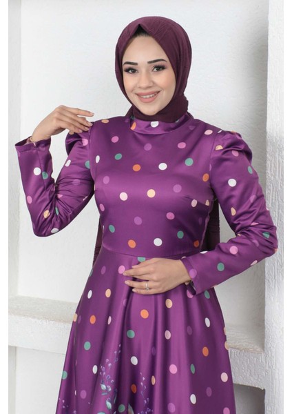 Çiçekli Puantiyeli Saten Abiye Mürdüm MSW12251 fiyatları