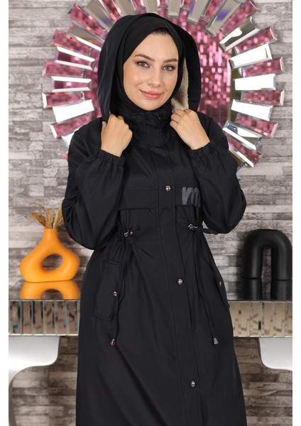 Yazı Detaylı Kapşonlu Mont Lacivert 15900 fiyatları