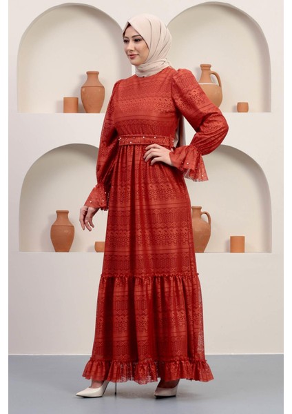 Inci Detaylı Dantel Abiye Kiremit 12239 modelleri
