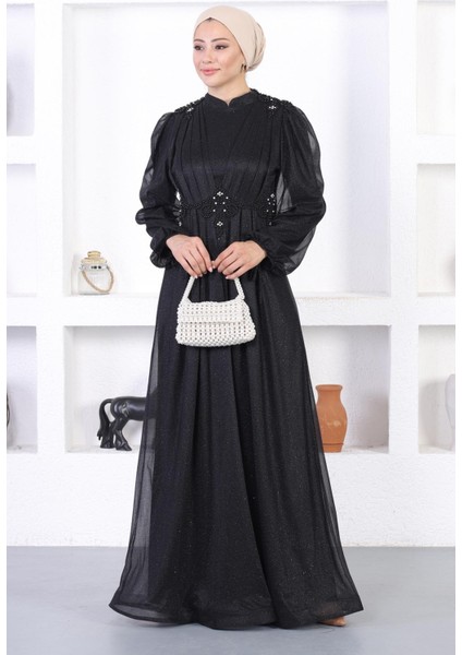 Incili Dantelli Simli Abiye Siyah 12252