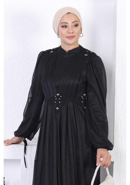 Incili Dantelli Simli Abiye Siyah 12252 fiyatları