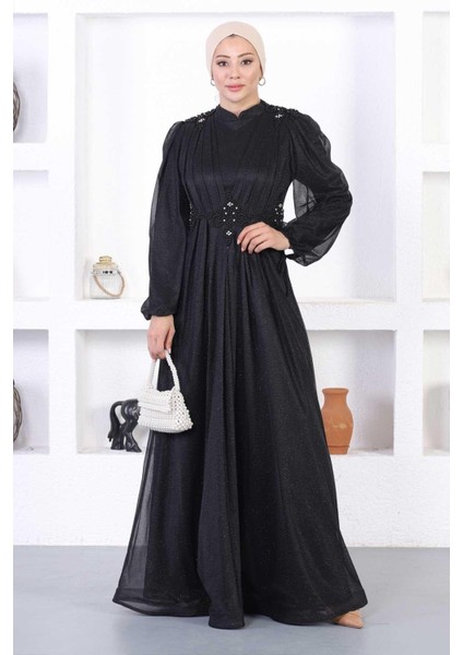 Incili Dantelli Simli Abiye Siyah 12252 modelleri