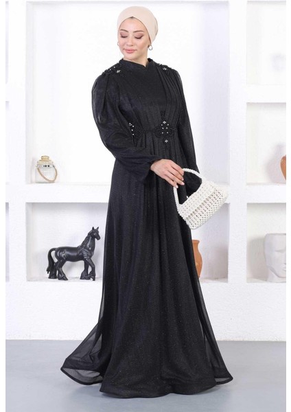 Incili Dantelli Simli Abiye Siyah 12252 fırsatları