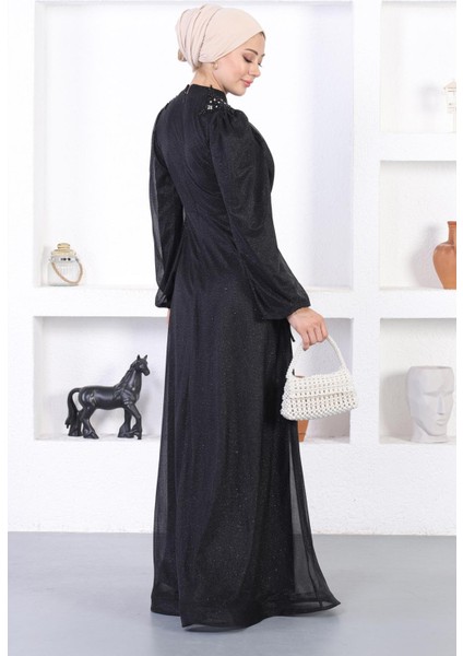 Incili Dantelli Simli Abiye Siyah 12252 indirimleri