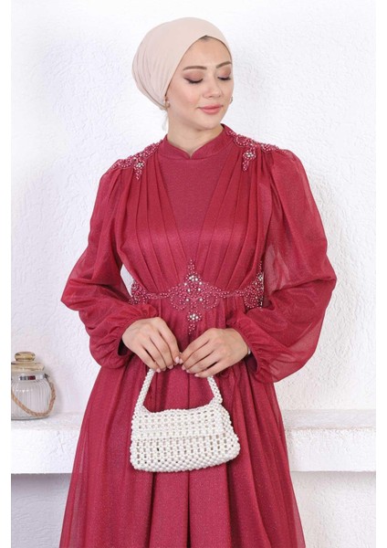 Incili Dantelli Simli Abiye Bordo 12252 fiyatları