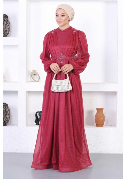 Incili Dantelli Simli Abiye Bordo 12252 modelleri