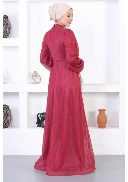 Incili Dantelli Simli Abiye Bordo 12252 indirimleri