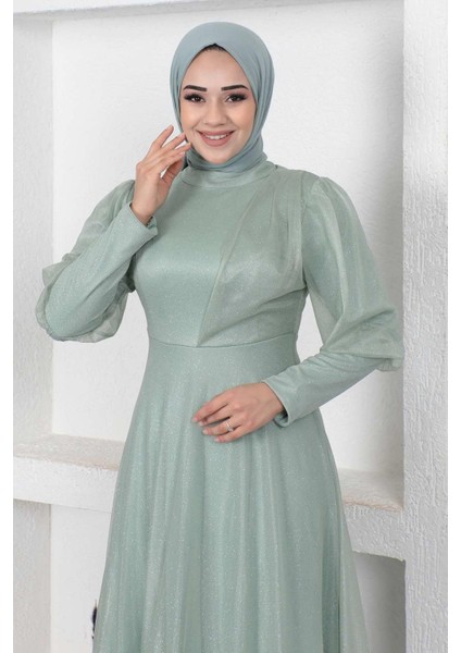 Manşeti Fermuar Detaylı Simli Abiye Mint 12253 fiyatları